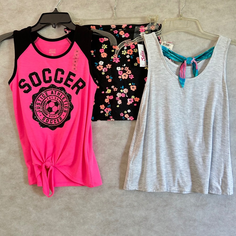 Justice Girls 3pc Bundle Pink Soccer‎ Tank Grey Graphic Tank Floral Tube Top 12